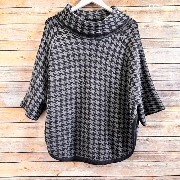LOFT Sweater Women’s Size M/L Petite Gray Black Houndstooth Cowl Neck Poncho - Picture 1 of 5